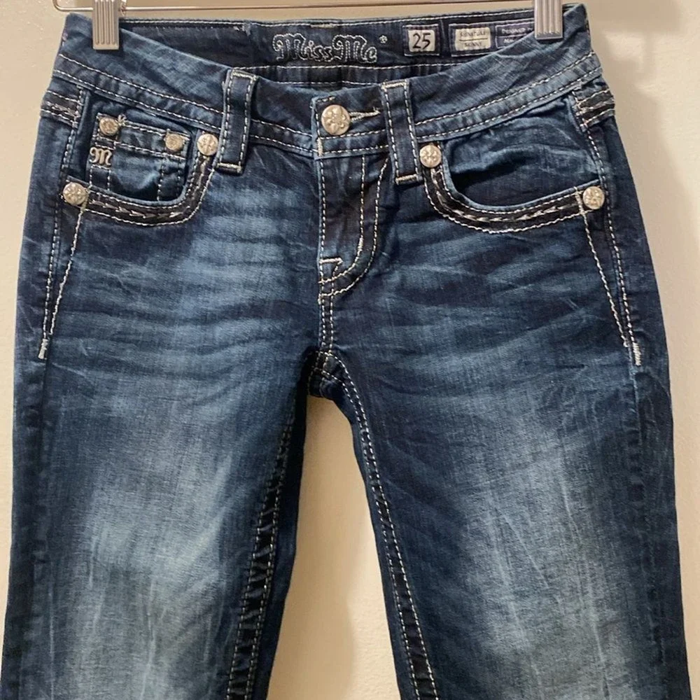 Miss‎ Me Dark Wash Signature Skinny Distressed Shiny Stitched Jeans 25